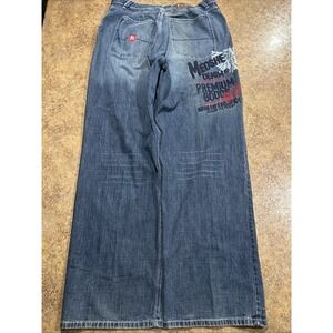 VTG Y2K Meoshe Denim Jeans Embroidered Size 40 (fits 36x33) Hip Hop Wide Leg